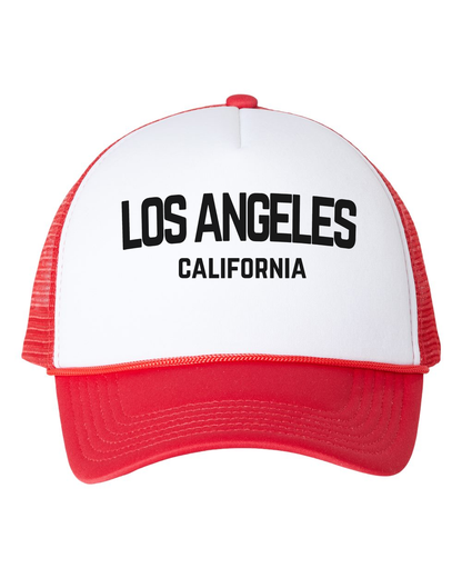 Los Angeles California Retro Black Design Trucker Baseball Hat White/Red