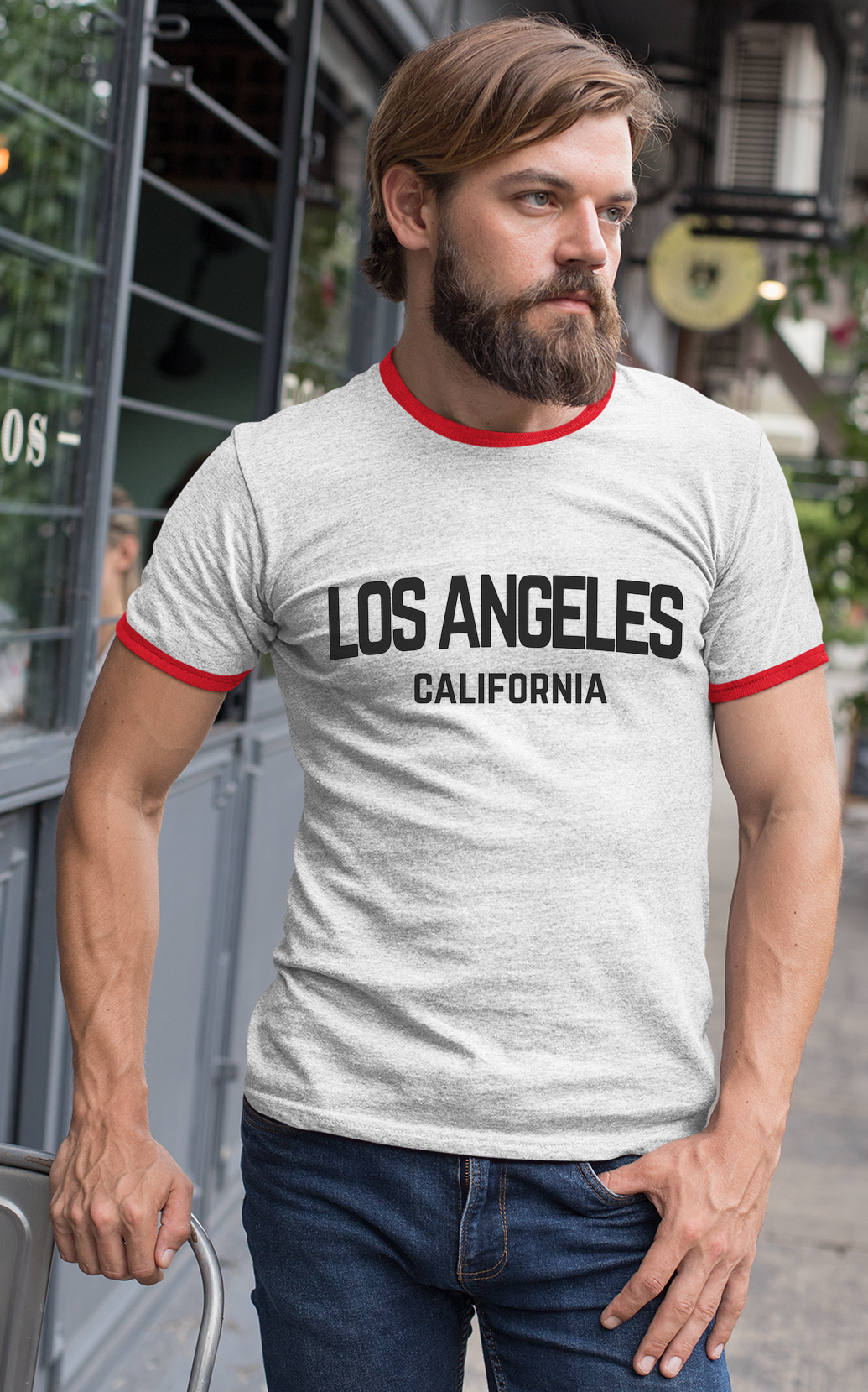 Los Angeles California Retro Black Design Custom Mens Ringer T-Shirt Customized Tee White/Red