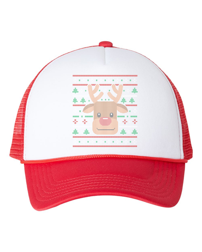 Ugly Xmas Reindeer Design Trucker Baseball Hat White/Red