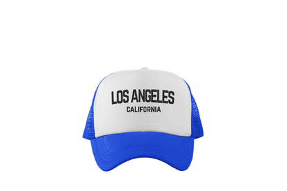 Los Angeles California Retro Black Design Trucker Baseball Hat White/Royal