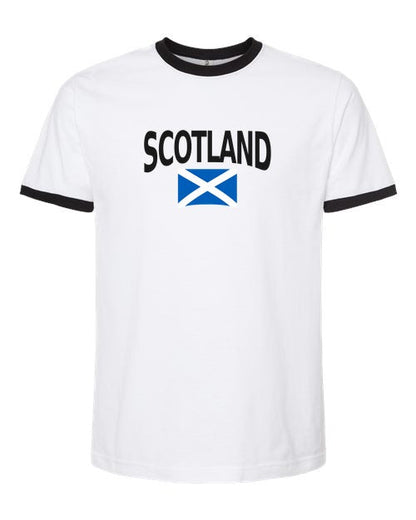 Scotland Soccer Ringer Tee 2026 — Classic Name & Flag | NYC Factory - White/Black