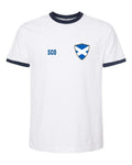 Scotland Soccer Ringer Tee 2026 — Retro National Crest — White/Navy | NYC Factory