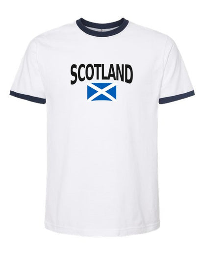 Scotland Soccer Ringer Tee 2026 — Classic Name & Flag | NYC Factory - white_navy