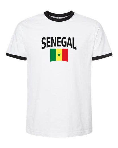Senegal Soccer Ringer Tee 2026 — Classic Name & Flag | NYC Factory - White/Black