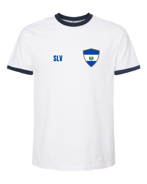 El Salvador Soccer Ringer Tee — Retro National Crest | NYC Factory