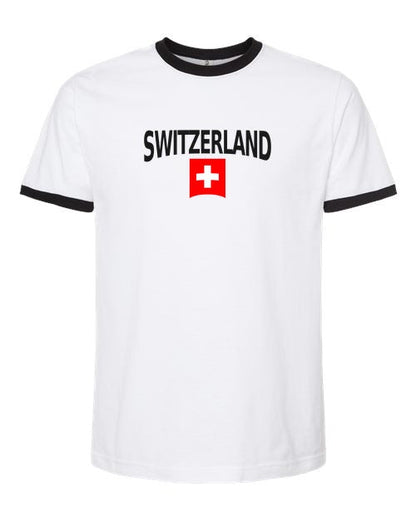 Switzerland Soccer Ringer Tee 2026 — Classic Name & Flag | NYC Factory - White/Black