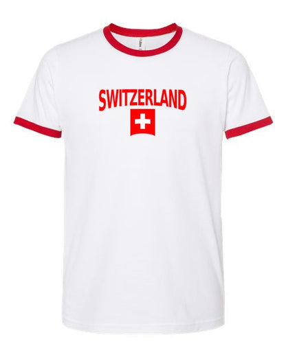 Switzerland Soccer Ringer Tee 2026 — Classic Name & Flag | NYC Factory - white_red
