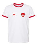 Switzerland Soccer Ringer Tee 2026 — Retro National Crest — White/Red | NYC Factory