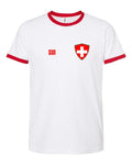 Switzerland Soccer Ringer Tee 2026 — Retro National Crest — White/Red | NYC Factory