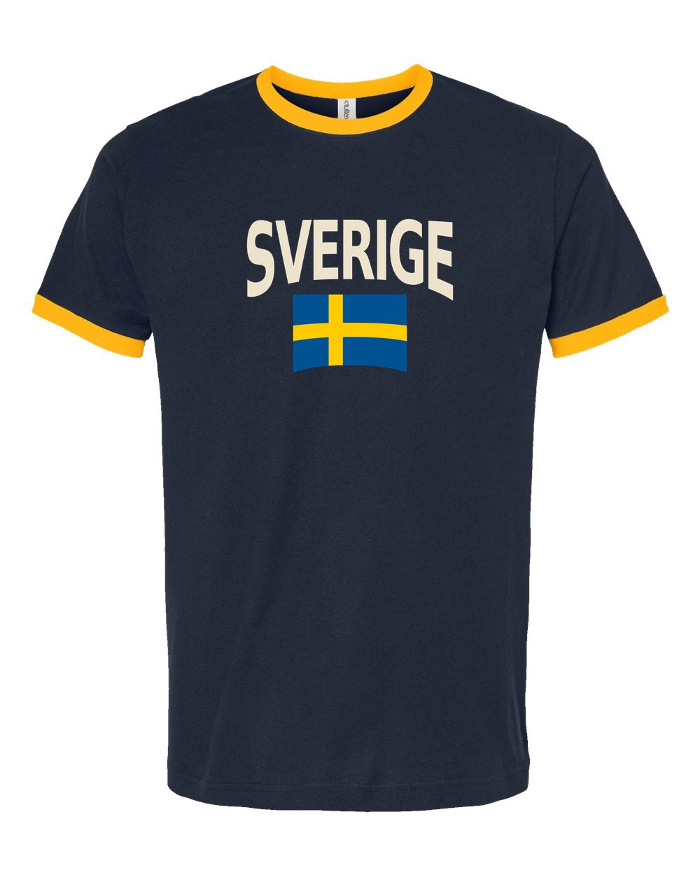Sweden Soccer Ringer Tee 2026 — Classic Name & Flag | NYC Factory - navy_gold