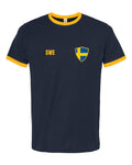 Sweden Soccer Ringer Tee 2026 — Retro National Crest — Navy/Gold | NYC Factory