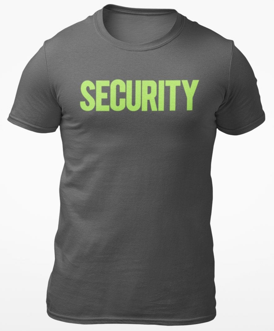 Security T-Shirt Front Back Print Men's Tee (Solid Design, Charcoal /  Neon)