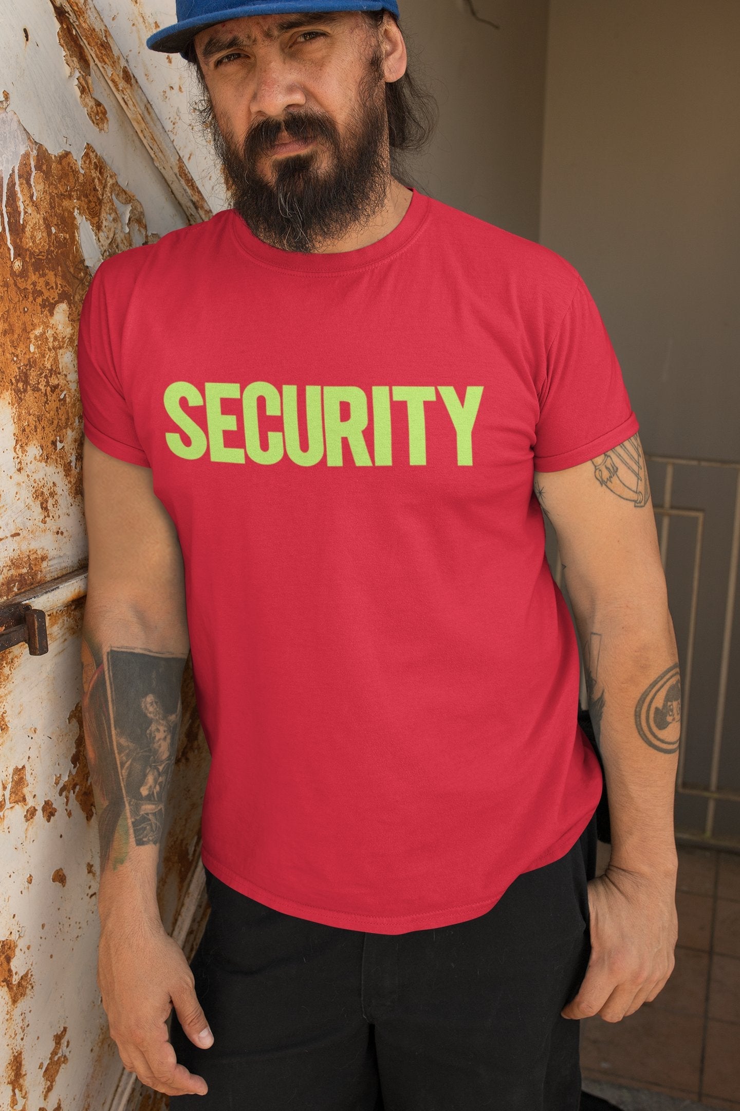 Security T-Shirt Front Back Screen Print (Red & Neon)