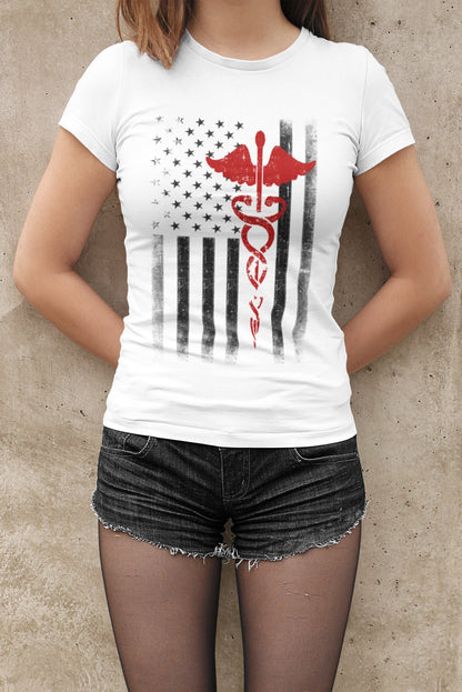 Slim Fit Ladies USA Flag Premium Ringspun Tee EMT Nurses Lives Matter