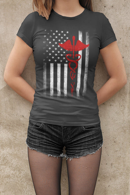 Slim Fit Ladies USA Flag Premium Ringspun Tee EMT Nurses Lives Matter