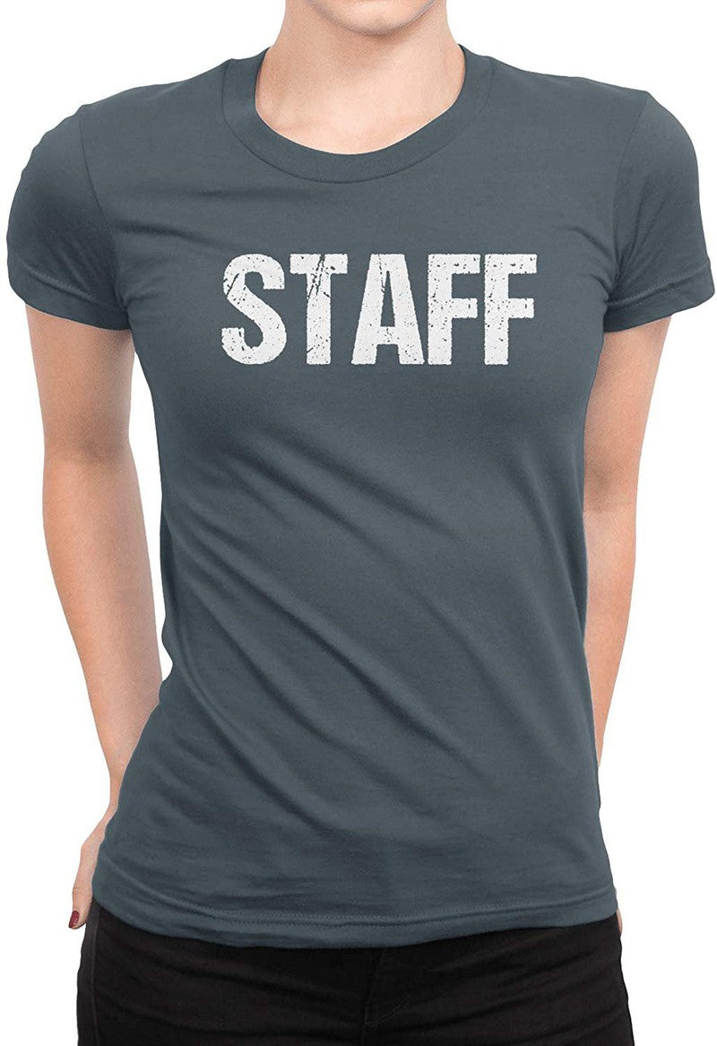 Staff Ladies Short Sleeve T-Shirt (Distressed Design, Charcoal/White)