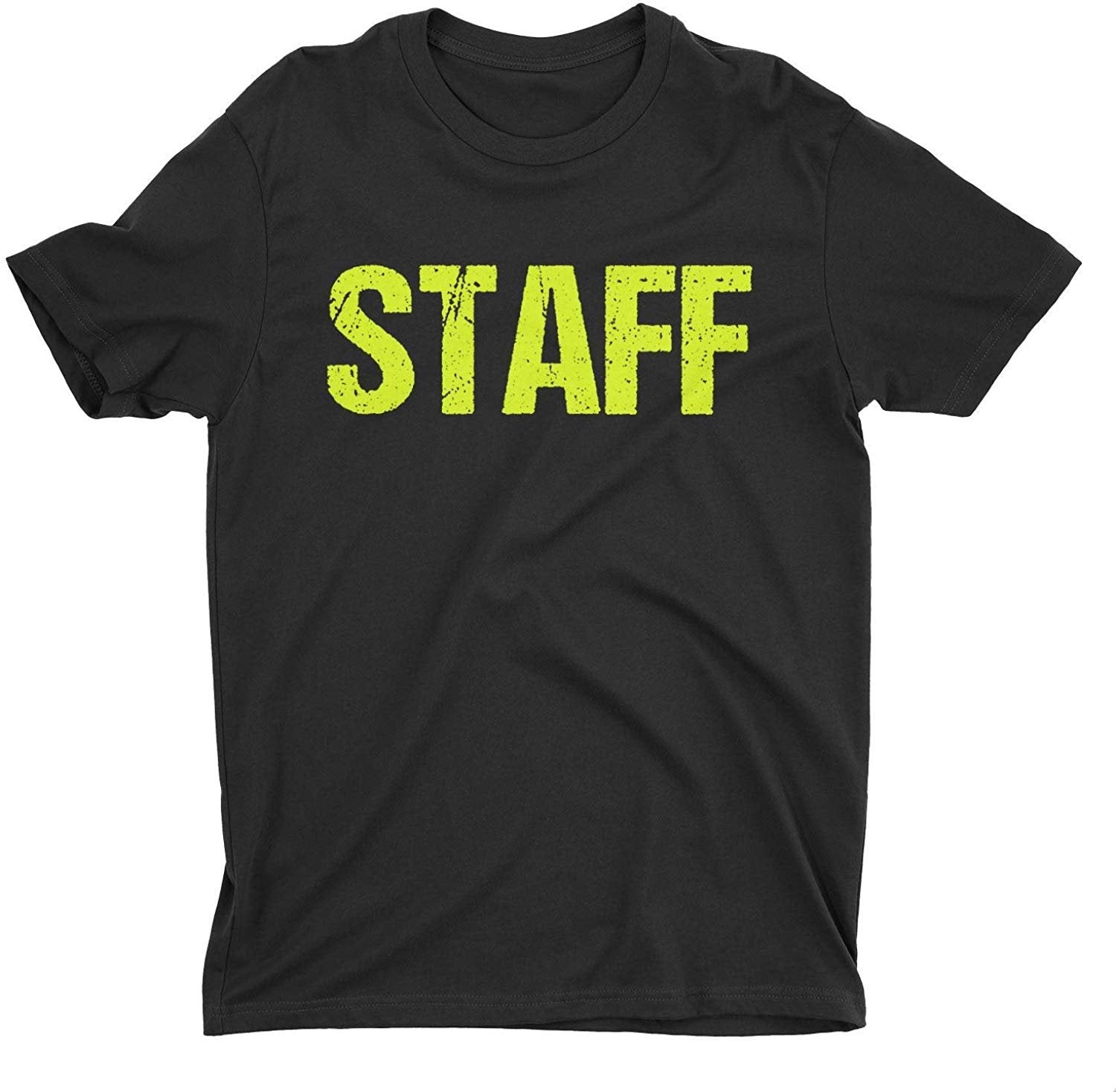 Staff T-Shirt Screen Printed Front & Back Men's Unisex Style (Black/Neon, Distressed)