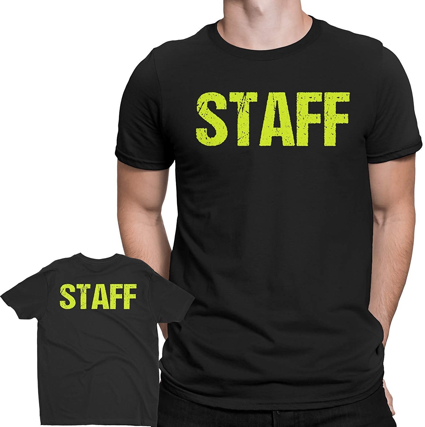 Staff T-Shirt Screen Printed Front & Back Men's Unisex Style (Black/Neon, Distressed)