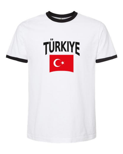 Turkey Soccer Ringer Tee 2026 — Classic Name & Flag | NYC Factory - White/Black