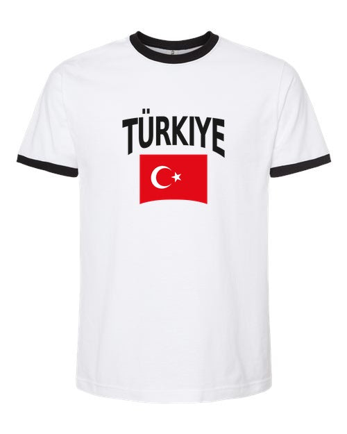 Turkey Soccer Ringer Tee 2026 — Classic Name & Flag | NYC Factory - White/Black
