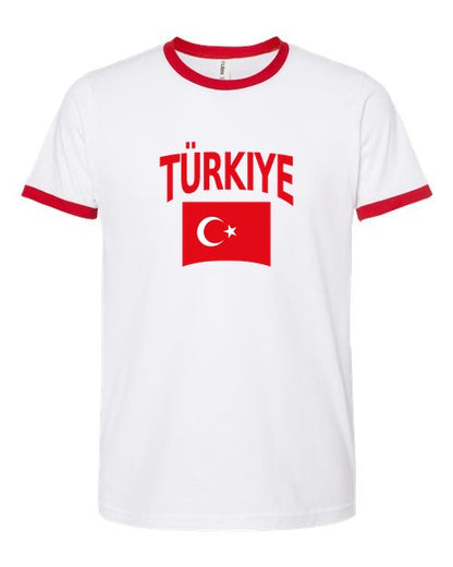 Turkey Soccer Ringer Tee 2026 — Classic Name & Flag | NYC Factory - white_red