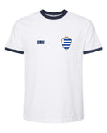 Uruguay Soccer Ringer Tee 2026 — Retro National Crest — White/Navy | NYC Factory