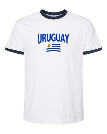 Uruguay Soccer Ringer Tee 2026 — Classic Name & Flag | NYC Factory - white_navy