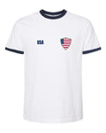 United States Soccer Ringer Tee 2026 — Retro National Crest — White/Navy | NYC Factory