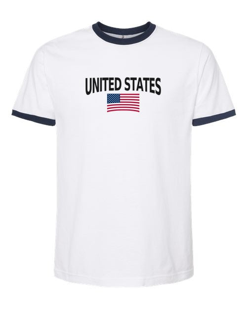 United States Soccer Ringer Tee 2026 — Classic Name & Flag | NYC Factory - white_navy