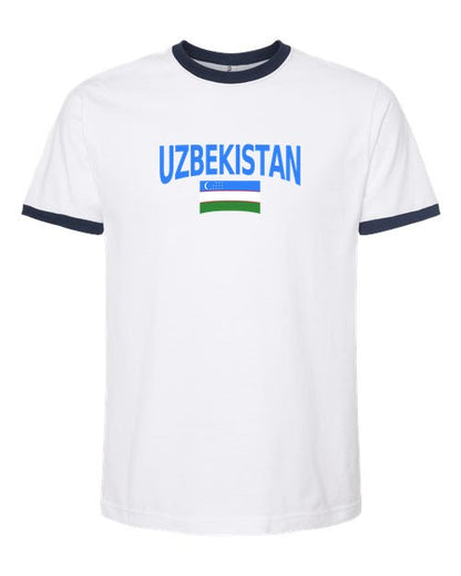 Uzbekistan Soccer Ringer Tee 2026 — Classic Name & Flag | NYC Factory - white_navy