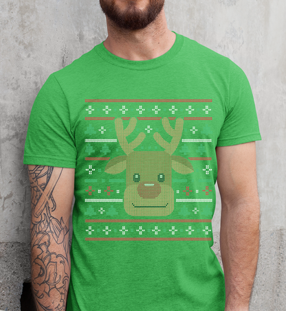 Ugly Xmas Reindeer Design Custom T-Shirt Heather Green