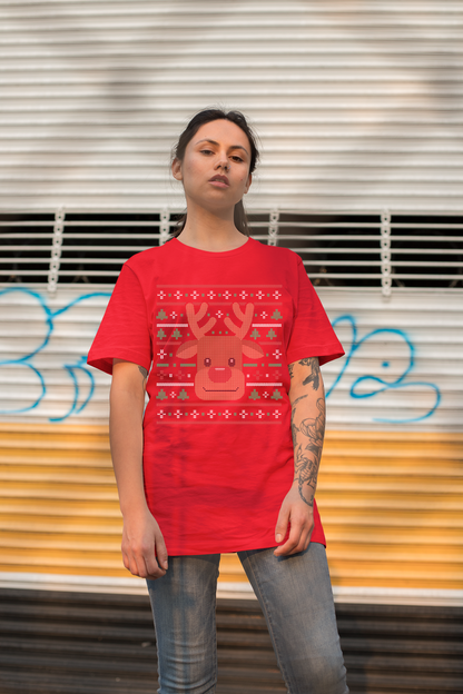 Ugly Xmas Reindeer Design Custom T-Shirt Red