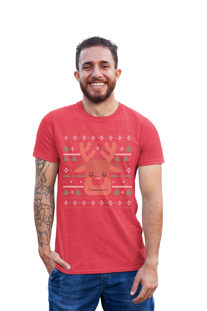 Ugly Xmas Reindeer Design Custom T-Shirt Red Heather
