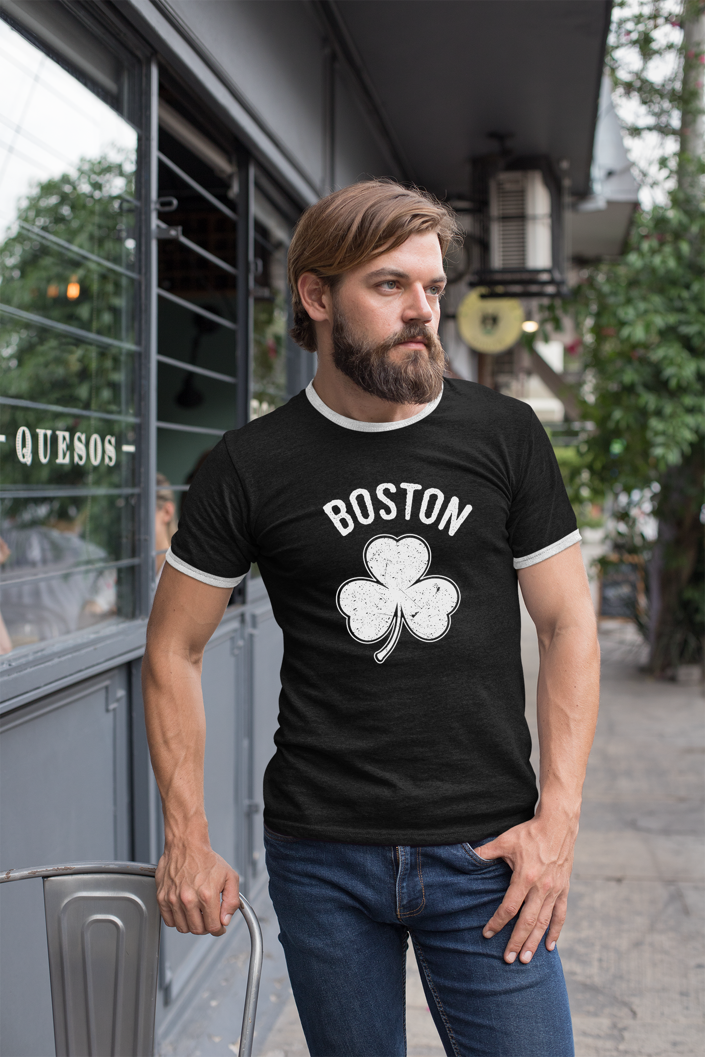 Irish Boston Shamrock White Design Custom Mens Ringer T-Shirt Customized Tee Black/White