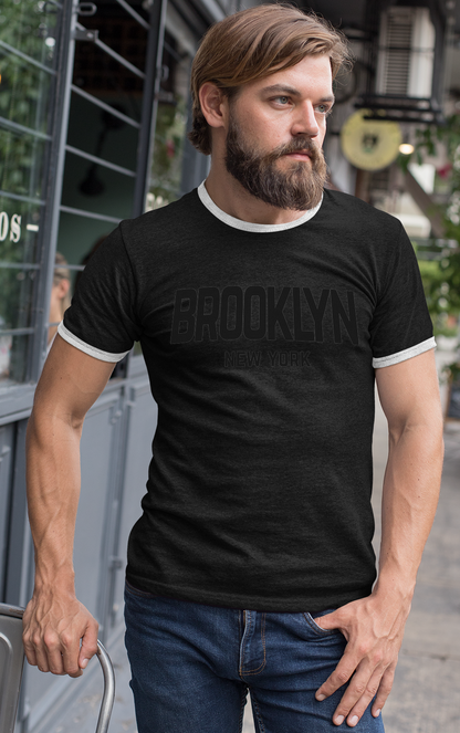 Brooklyn New York Retro Design Custom Mens Ringer T-Shirt Customized Tee Black/White