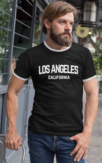 Los Angeles California White Retro Design Custom Mens Ringer T-Shirt Customized Tee Black/White