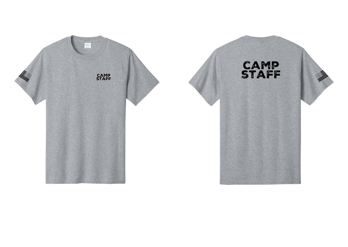 NYC Factory Camp Staff T-Shirt - Chest + Back + US Flag Sleeve - Athletic Heather