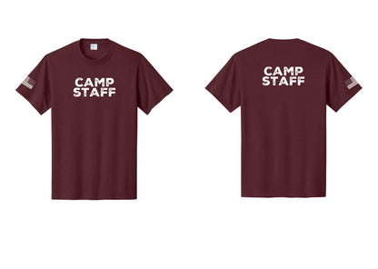 NYC Factory Camp Staff T-Shirt - Front + Back + US Flag Sleeve - Athletic Maroon