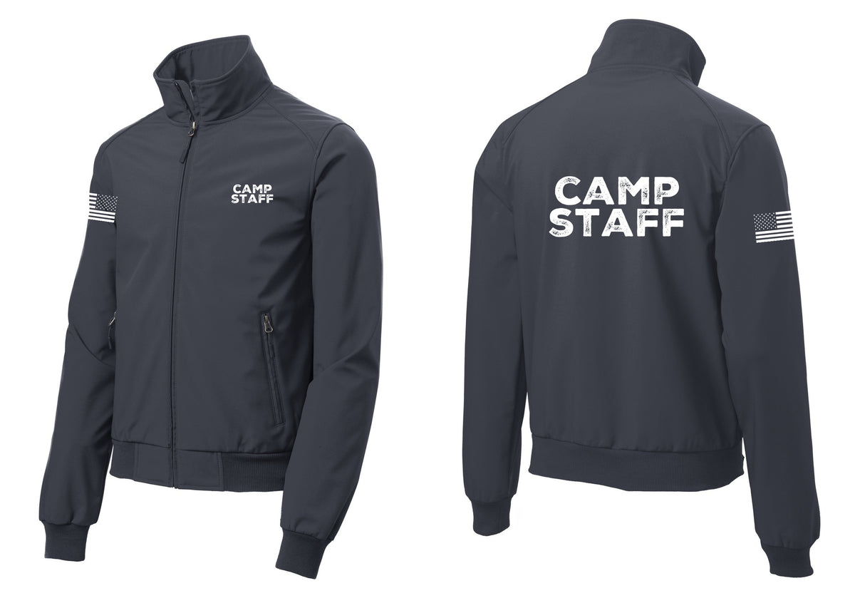 NYC Factory Camp Staff Soft Shell Bomber Jacket (Rustic) - Chest + Back + US Flag Sleeve - Battleship Grey