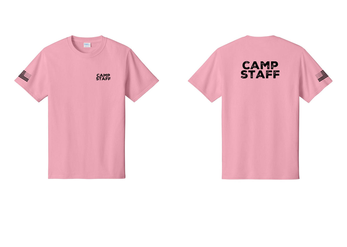 NYC Factory Camp Staff T-Shirt - Chest + Back + US Flag Sleeve - Candy Pink