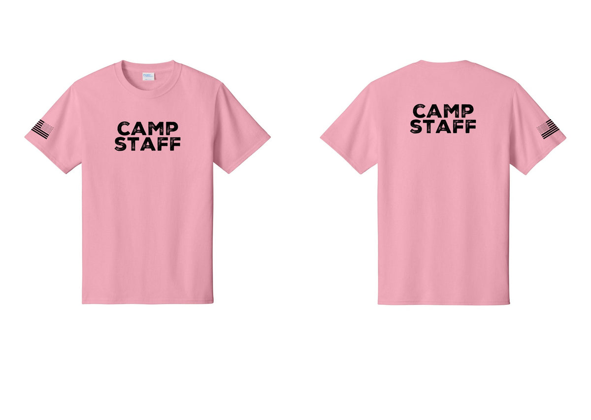 NYC Factory Camp Staff T-Shirt - Front + Back + US Flag Sleeve - Candy Pink