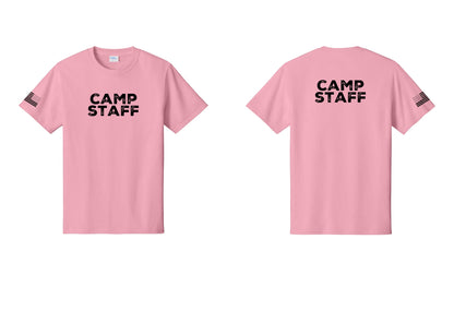 NYC Factory Camp Staff T-Shirt - Front + Back + US Flag Sleeve - Candy Pink