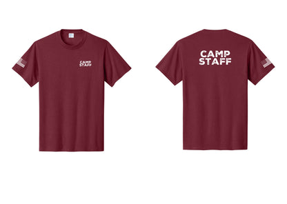 NYC Factory Camp Staff T-Shirt - Chest + Back + US Flag Sleeve - Cardinal