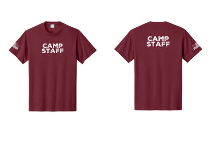 NYC Factory Unisex Camp Staff Charcoal T-Shirt - Front + Back + US Flag Sleeve - Cardinal