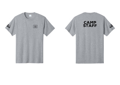 NYC Factory Custom Logo Camp Staff T-Shirt - Your Logo + Back + US Flag Sleeve - Athletic Heather