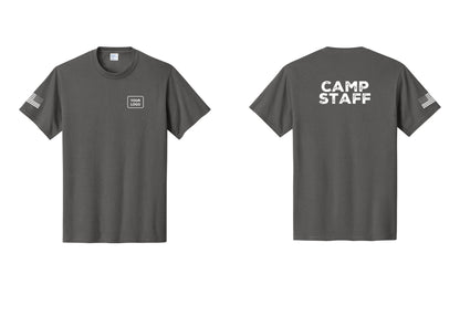 NYC Factory Custom Logo Camp Staff T-Shirt - Your Logo + Back + US Flag Sleeve - Charcoal