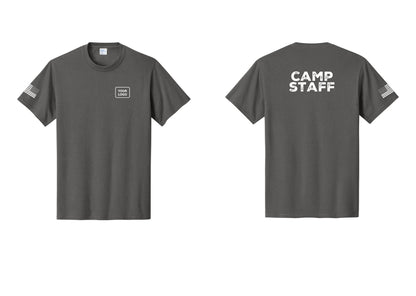NYC Factory Unisex Custom Logo Camp Staff T-Shirt - Your Logo + Back + US Flag Sleeve - Charcoal