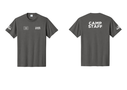 NYC Factory Unisex Custom Logo Camp Staff T-Shirt - CAMP STAFF + Your Logo + Back + US Flag Sleeve - Charcoal