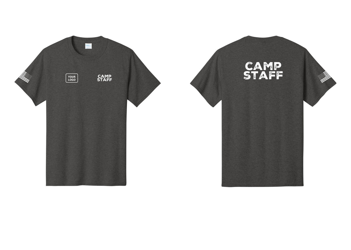 NYC Factory Custom Logo Camp Staff T-Shirt - CAMP STAFF + Your Logo + Back + US Flag Sleeve - Dark Heather Grey