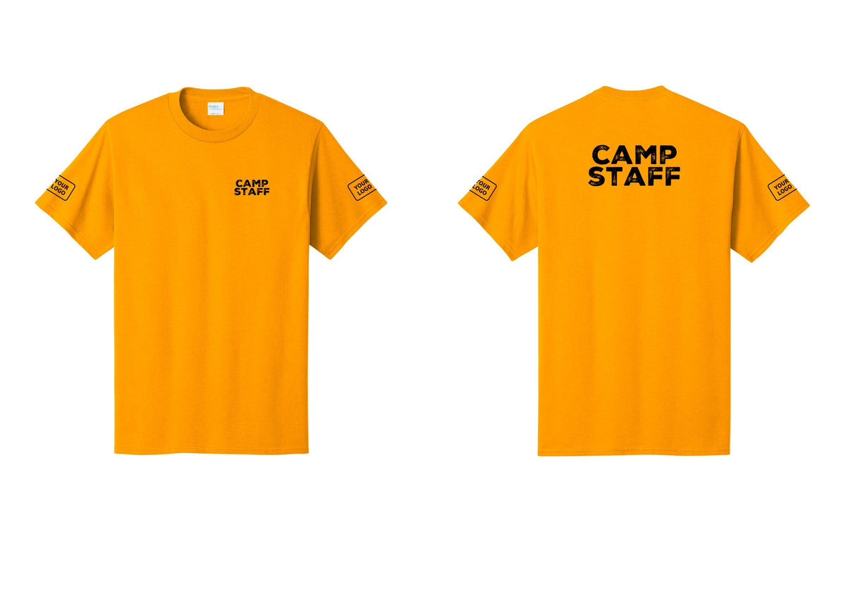 NYC Factory Unisex Custom Logo Camp Staff T-Shirt - Chest + Back + Your Logo Sleeves - Gold